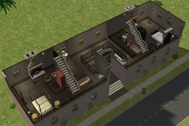 An overhead view shows stone-walled bedrooms, staircases, bathrooms, fireplaces, and narrow rooms split between the two towers.