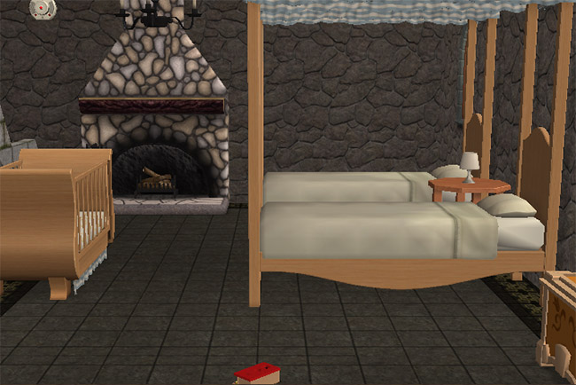 A stone bedroom with a pale bed, fireplace, wardrobe, gothic window, and a small red object on the floor.