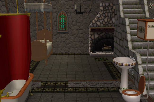 A bedroom suite with a canopy bed, fireplace, wardrobe, staircase, attached bathroom area, gothic windows, candle stands, and dark tiled flooring.