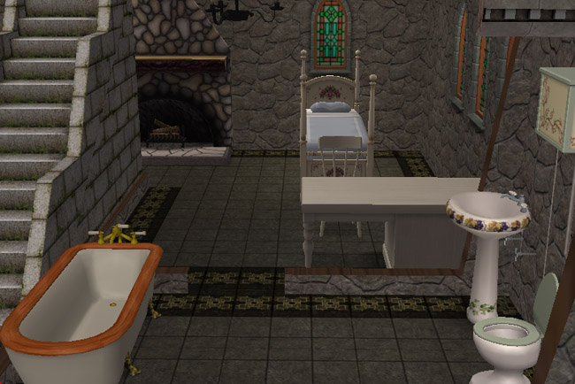 A bedroom suite with a canopy bed, fireplace, wardrobe, staircase, attached bathroom area, gothic windows, candle stands, and dark tiled flooring.