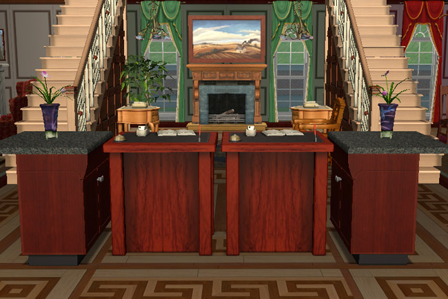 Two wood concierge desks stand inside the grand hall, with stairs, a fireplace, potted plants, framed art, and hotel seating behind them.