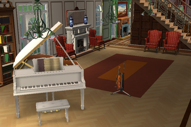 A white grand piano sits in the grande hall near stair railings, bookshelves, lounge seating, polished floors, and formal hotel décor.
