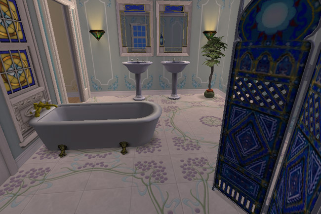A bathroom has pale walls, blue decorative screens, pedestal sinks, a bathtub, arched windows, and wall sconces.