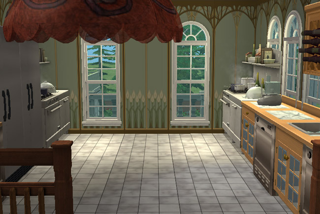 A restaurant kitchen has pale cabinets, counters, a stove, sink, refrigerator, tiled flooring, arched windows, and warm lighting.