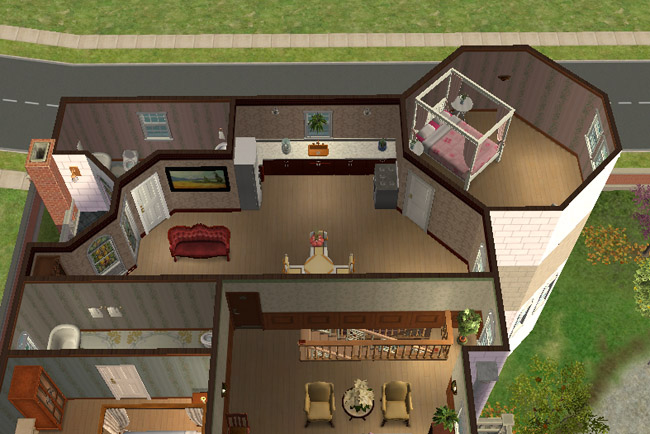 A large hotel suite has a kitchen and dining area, bedroom, den, bathroom, balcony, pink bed, arched windows, and color-themed furnishings.