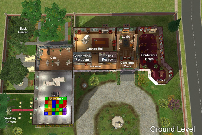 A labeled top-down view of the ground level shows the back garden, cafe, ballroom, wedding garden, grande hall, lobby, concierge desk, restrooms, conference room, and office.