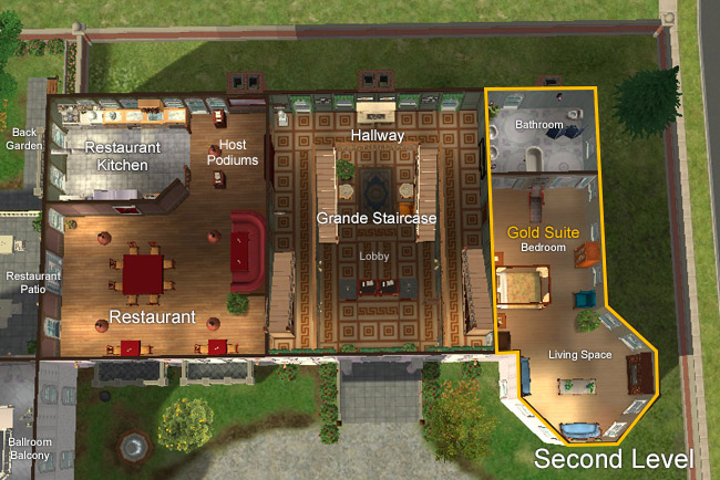 A labeled top-down view of the second level shows the restaurant, restaurant kitchen, restaurant patio, host podiums, grand staircase, hallway, bathroom, and Gold Suite.