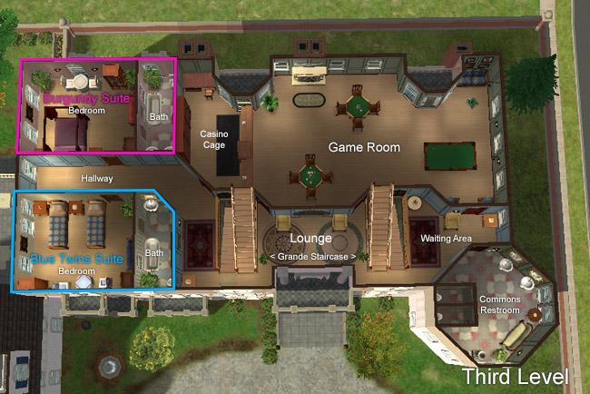 A labeled top-down view of the third level shows the Burgundy Suite, Blue Twins Suite, game room, lounge, waiting area, commons restroom, hallway, and grand staircase.