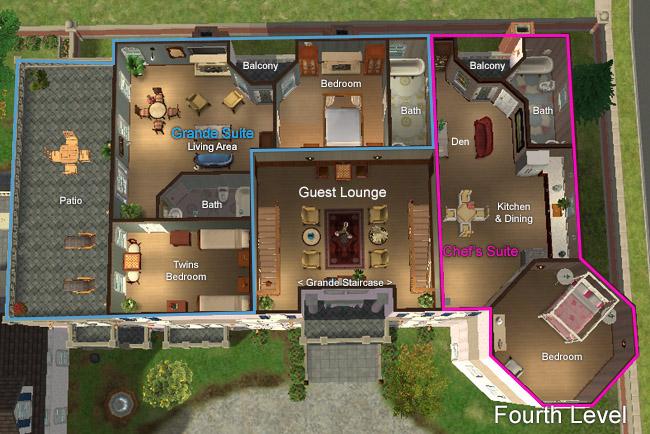A labeled top-down view of the fourth level shows the Grande Suite, Chef’s Suite, guest lounge, patio, balcony areas, bathrooms, bedrooms, and grand staircase.