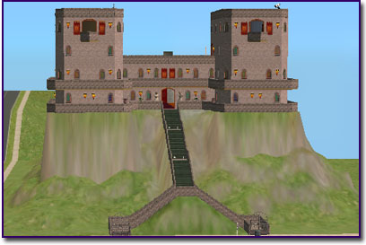 A large castle with two towers has a long staircase up the side of the plateau which forks at the bottom on top of a plateau