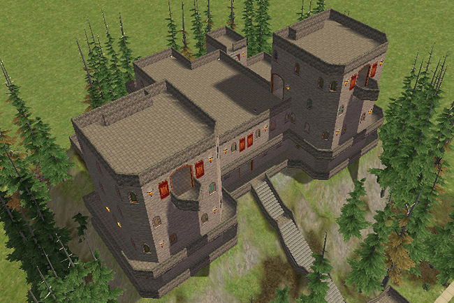 Angled exterior view of Greystoke Unfurnished showing the twin tower layout, elevated stone foundation, central bridge section, rooftop terraces, and forested cliffside setting.