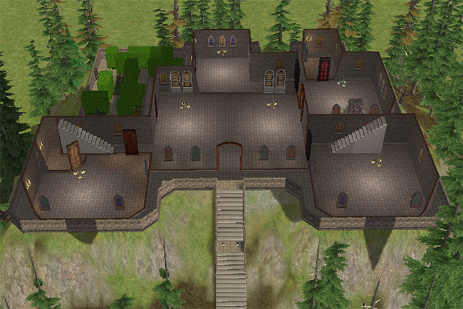 First-floor cutaway view of Greystoke Unfurnished showing the grand central hall, side wings, garden courtyard, stair access, large open rooms, and gothic arched windows.