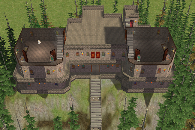 Third-floor cutaway view of Greystoke Unfurnished showing upper tower rooms, rooftop access, broad central roof sections, stair connections, and forest views surrounding the estate.