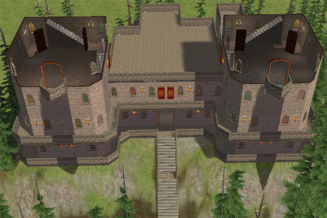 Fourth-floor cutaway view of Greystoke Unfurnished featuring the upper tower chambers, rooftop terraces, exterior stair access, arched windows, and elevated castle walkways.