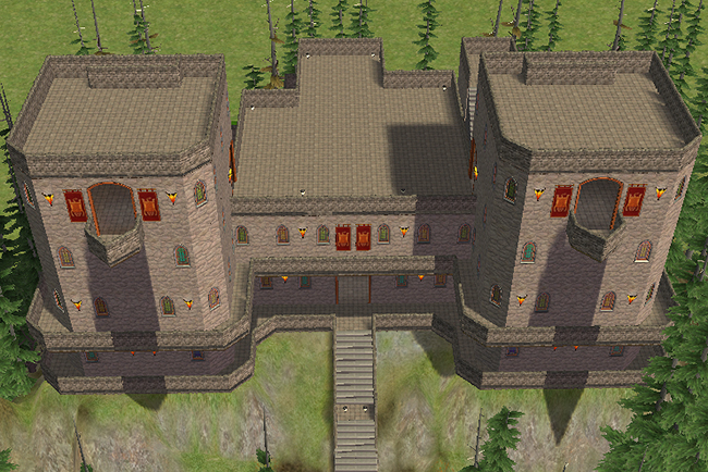 Rooftop view of Greystoke Unfurnished showing the twin gothic tower rooftops, stone parapets, elevated walkways, arched openings, and surrounding forested cliffside landscape.