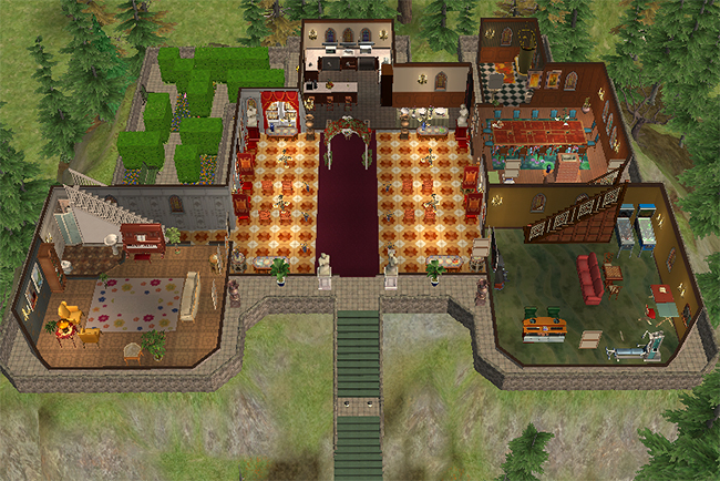 Full first-floor overview of Greystoke displaying the massive central grand hall, west and east residential wings, formal dining chamber, recreation room, kitchen, and hedge garden courtyard.