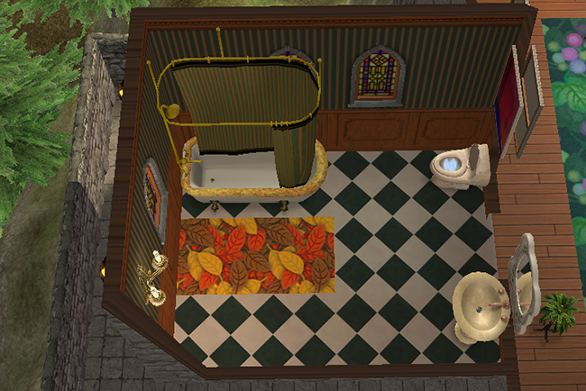 First-floor gothic bathroom in Greystoke featuring a gold-trimmed clawfoot tub with canopy curtain, stained glass windows, black-and-white tiled flooring, ornate wall sconces, and autumn-themed accent rug.