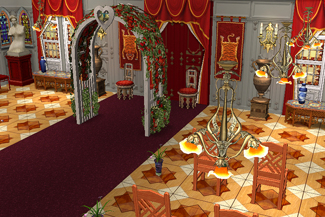 Interior grand hall view of Greystoke highlighting the ornate ceremonial aisle, gothic décor, chandeliers, statues, and elaborate stained glass details throughout the central gathering space.