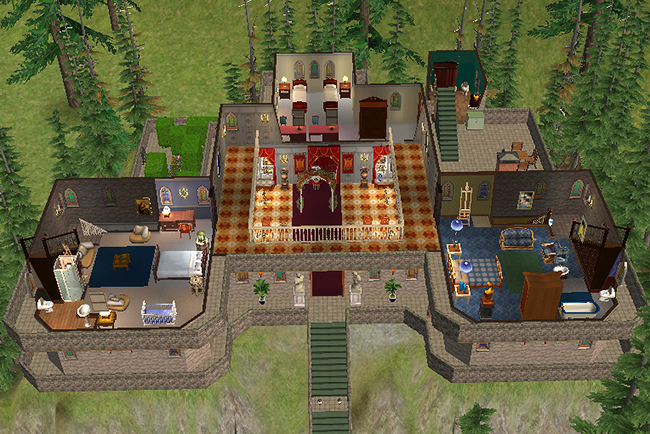 Full second-floor overview of Greystoke displaying multiple tower bedrooms, luxury bathrooms, grand central hall balcony, and elevated corridors connecting the residential wings.
