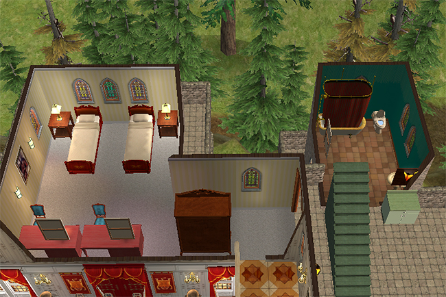 Bedroom and bathroom suite in Greystoke featuring twin beds, stained glass windows, vanity desks, and a large private bathroom connected by an elevated stair corridor.