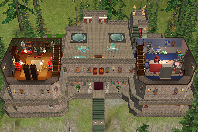 Third-floor overview of Greystoke showing rooftop hot tubs, tower suites, nursery rooms, upper stair access, and elevated outdoor terraces overlooking the forest surroundings.
