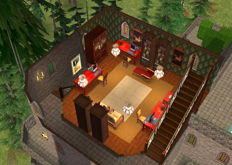 Library and study room in Greystoke featuring gothic wallpaper, polished wood floors, computer desks, bookshelves, stained glass windows, and staircase access to upper levels.