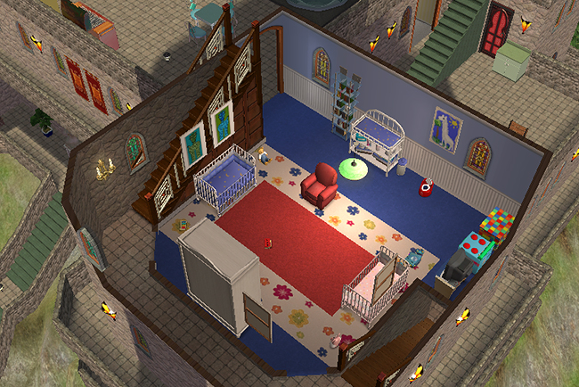 Nursery tower room in Greystoke featuring multiple cribs, children’s toys, colorful rugs, rocking chair, staircase access, and castle-inspired stained glass windows.