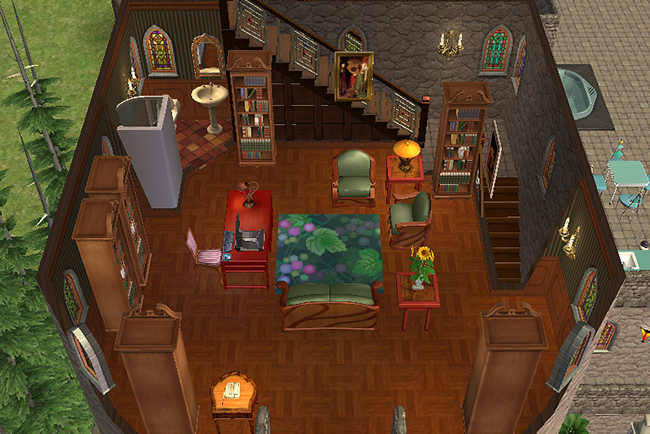 Upper tower study-bedroom in Greystoke featuring gothic stone walls, stained glass windows, wood parquet flooring, bookshelves, private shower area, writing desk, and staircase access connecting the tower levels.