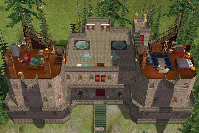 Fourth-floor overview of Greystoke showing rooftop terraces with twin hot tubs, elevated outdoor seating areas, and large furnished tower suites connected by staircases and stone walkways.
