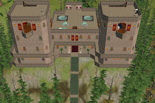 Rooftop exterior view of Greystoke showing twin castle towers connected by a central rooftop terrace with hot tubs, outdoor seating, telescope, and elevated forest surroundings.