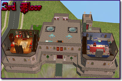 Cut away view of the third floor of a castle with bedrooms and two hot tubs on the roof between the bedroom towers.