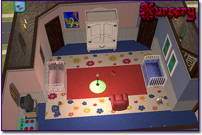 A bedroom with a large, color polka-dotted rug with a red rectangle in the middle and a two cribson opposite sites of the rug; a red chair and a white armoire also adorn the room.
