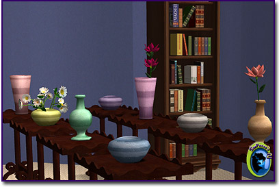 Striped vases with a variety of flowers in various shapes on several tables
