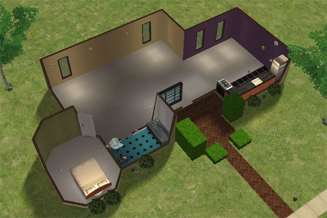 A compact furnished Sims 2 house with one bedroom, one bathroom, a basic kitchen, open living space, and simple starter furnishings.