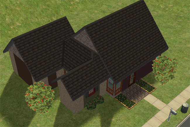 An angled exterior view of a small Sims 2 house with a steep roofline, stone side wall, front entry, shrubs, and a simple landscaped yard.