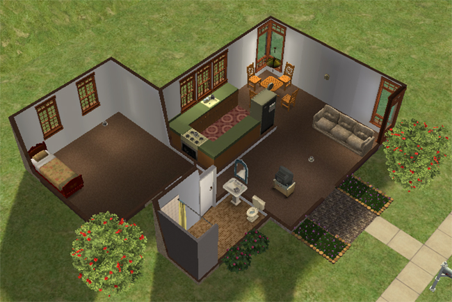 A compact Sims 2 one-bedroom home with a small kitchen, bathroom, dining nook, living area, and bedroom space.