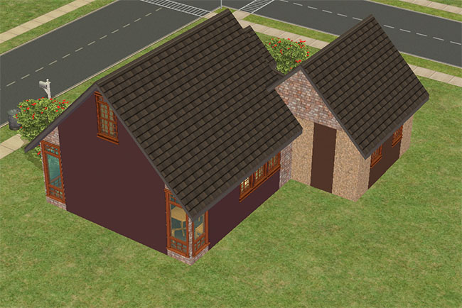 A rear corner view shows Knitting Needles with burgundy exterior walls, stone-textured sections, red-trimmed windows, layered dark roofs, and a small yard beside the road.