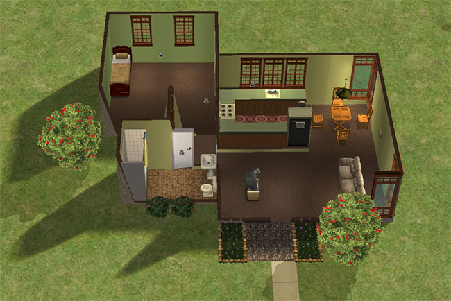 A top-down cutaway view shows the Knitting Needles floor plan with one bedroom, one bathroom, a kitchen, dining area, living space, front entry, small flower beds, and basic furnishings.