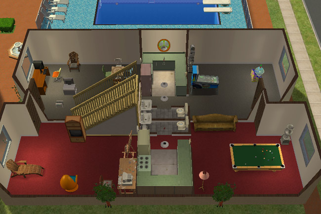 Cutaway main floor view of a furnished Lake Haven townhome showing a kitchen, living area, pool table, bathroom area, computer space, staircase, and access toward the shared pool courtyard.