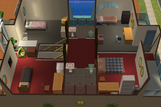 Cutaway upper floor view of a Lake Haven townhome showing multiple furnished bedrooms, shared bathroom spaces, stair access, and views toward the pool outside.