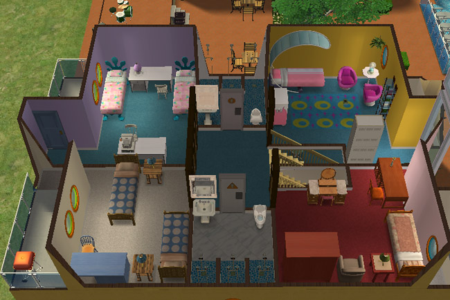 Cutaway upper floor view of a Lake Haven townhome showing colorful bedrooms, shared bathrooms, desks, computers, stair access, and individual furnishings for different dorm residents.