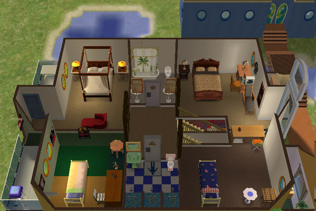Cutaway upper floor view of a Lake Haven townhome showing several furnished bedrooms, shared bathroom spaces, computers, desks, stair access, and a mix of individual dorm room styles.