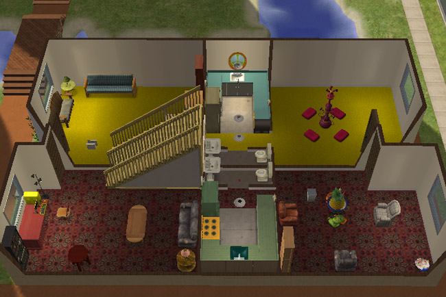 Cutaway main floor view of a Lake Haven townhome with a kitchen, bathroom area, staircase, lounge seating, bright shared rooms, and colorful furnishings for dorm residents.