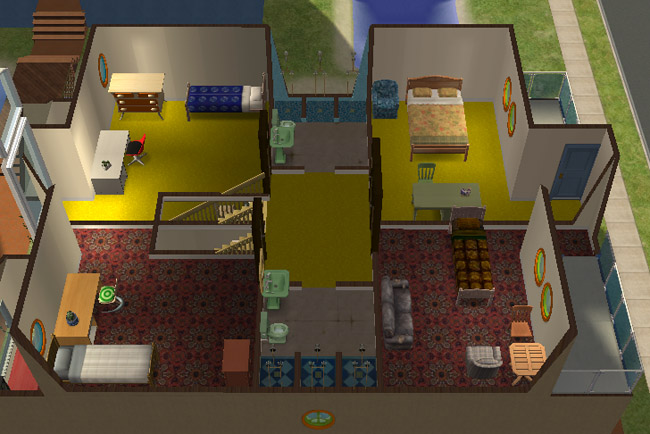 Cutaway upper floor view of a Lake Haven townhome showing furnished bedroom suites, shared bathrooms, desks, computers, stair access, and varied dorm room furnishings.