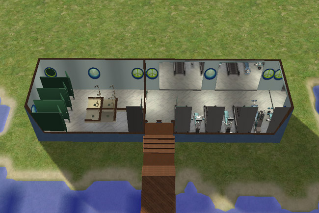 Cutaway view of the shared gym building at Lake Haven Townhomes showing exercise machines, weight equipment, showers, lockers, restroom stalls, and a wooden walkway over the water.