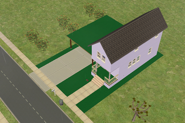 Exterior view of a narrow two-story suburban starter home with lavender siding, bright green astroturf-style landscaping, a covered carport, driveway parking space, and small front porch.