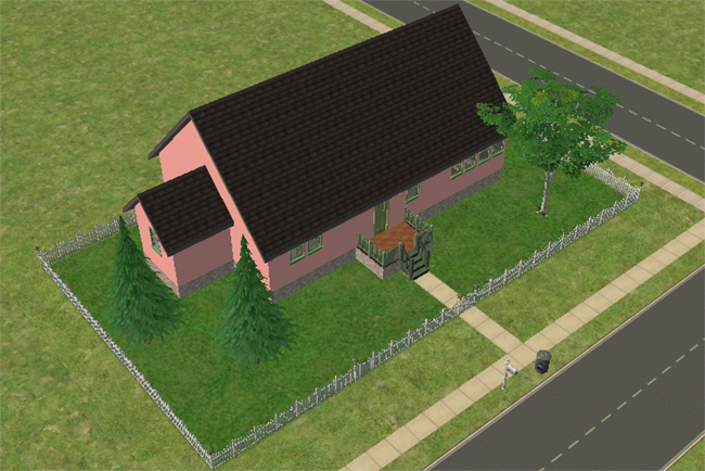 An angled exterior view of a pink Sims 2 house with a fenced yard, green-trimmed windows, front steps, and simple landscaping.