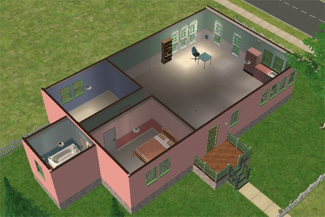A furnished Sims 2 pink house with two bedrooms, one bathroom, a small kitchen, desk area, dining space, and simple starter furnishings.