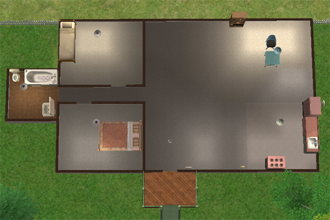 An overhead floor plan of a furnished Sims 2 house with two bedrooms, one bathroom, an open main room, kitchen area, and front porch.