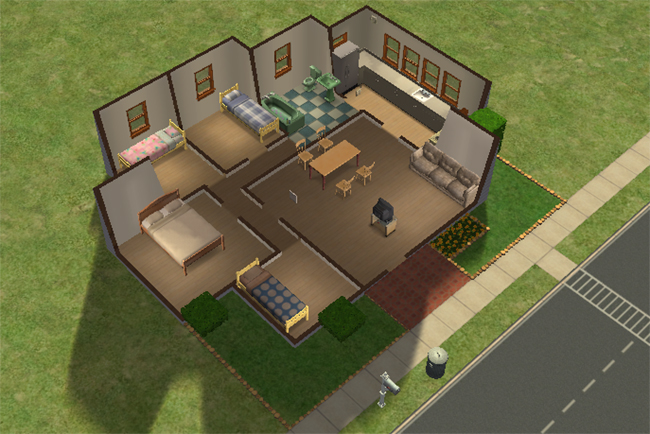 A furnished Sims 2 house interior with four bedrooms, one bathroom, open living and dining areas, a kitchen, sofa, and activity space.